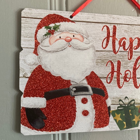 NWT Gleaming Red Glittered Santa Happy Holidays Planked Wood Decoration Sign - Picture 3 of 17